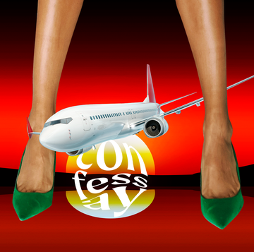 plane flying between a woman's legs at sunset