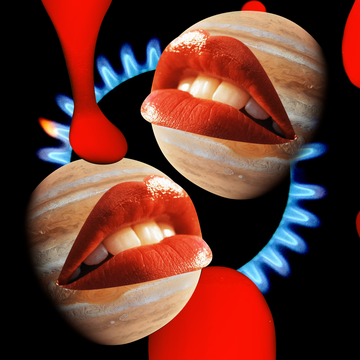 two planets with lips float in a colorful sky